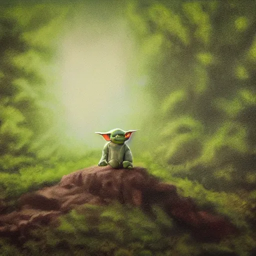 Image similar to high - angle view, shot from 5 0 feet distance, baby yoda on a well lit path in a dimly lit forest. dramatic clouds, setting sun, oil on canvas. light, shadow, depth, volume, chiaroscuro, drama, quiet intensity, realism, digital art