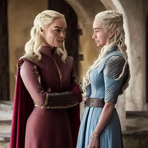 Image similar to an image of cersei lannister and daenerys targaryen talking suspiciously in kings landing