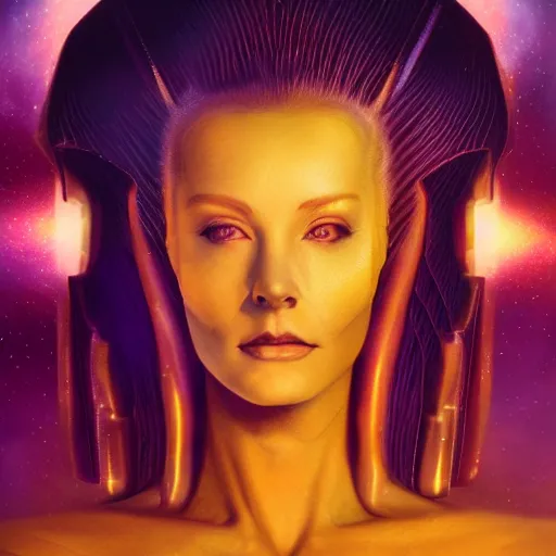 Image similar to celestial goddess facial portrait, legendary epic shot, 90s make-up, galaxy space hunter, cyber implants, wires, low angle, dawn, by artgerm, julie bell, beeple and Greg Rutkowski, airbrush, science fantasy, 90s, concept art, realistic matte painting, Smooth gradients, octane render, 8k, High contrast, duo tone, depth of field, volumetric lightning, very coherent, symmetrical, skin pore detail