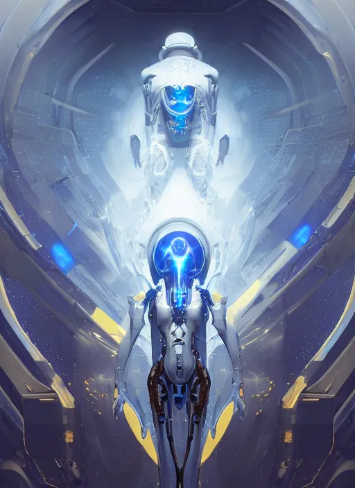 Image similar to benevolent cyborg necromancer, scifi, futurism, alien room background, white, blue, gold, highly detailed, trending on artstation, soft light, sharp edges, illustration, spiritual, technology, art by vitaly bulgarov and nivanh chanthara