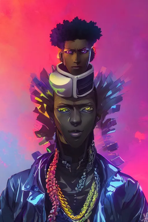 Prompt: anime character design, deviantart, portrait of anime black man with a high top fade black curly afro, wearing a cyberpunk style type clothes, vibrant colors, ( ( ( koi colors ) ) ), octane render, jesper ejsing, james jean, justin gerard, tomasz alen kopera, cgsociety, fenghua zhong