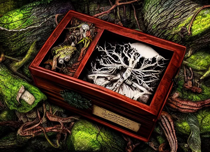 Prompt: photo of a crystal box with horrors inside in the forest. Fantasy horror style. Highly detailed 8k. Intricate. Nikon d850 55mm. Award winning photography.