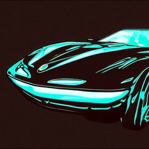 Image similar to a small dark luminous turquoise color liquid water sculpture is hybrid of a corvette convertible, viscous, reflective, monochromatic, digital art