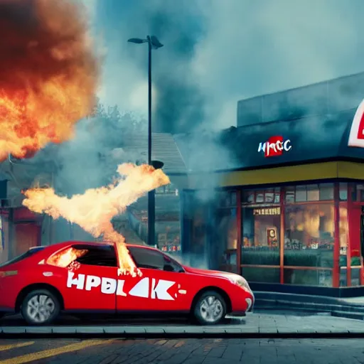 Image similar to ronald macdonald fire bombing a kfc restaurant, hyper real, 8 k, octane render, vivid, bright, photo realistic, city street