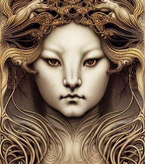 Image similar to detailed realistic beautiful kitsune goddess face portrait by jean delville, gustave dore, iris van herpen and marco mazzoni, art forms of nature by ernst haeckel, art nouveau, symbolist, visionary, gothic, neo - gothic, pre - raphaelite, fractal lace, intricate alien botanicals, ai biodiversity, surreality, hyperdetailed ultrasharp octane render