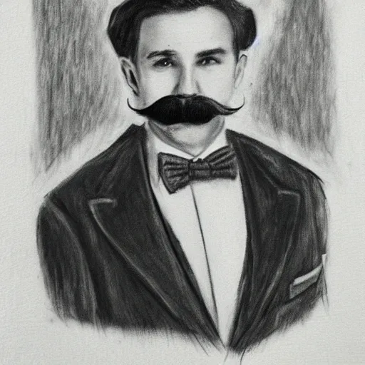 Image similar to charcoal portrait of an early 20th century occult detective mustache, bow tie