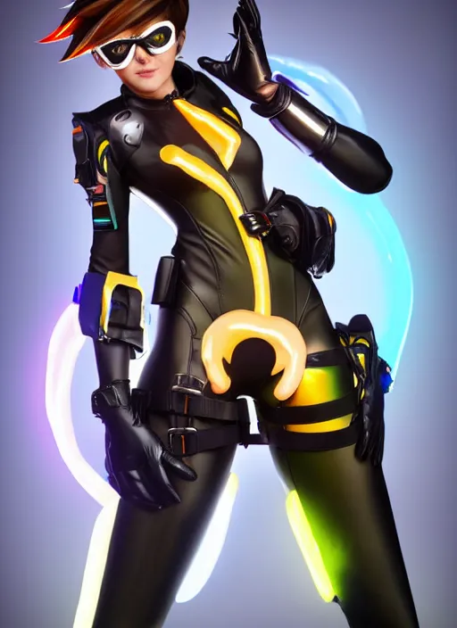 Image similar to full body digital artwork of tracer overwatch, wearing black iridescent rainbow latex, 4 k, expressive happy smug expression, makeup, in style of mark arian, wearing detailed black leather collar, wearing sleek armor, black leather harness, expressive detailed face and eyes,