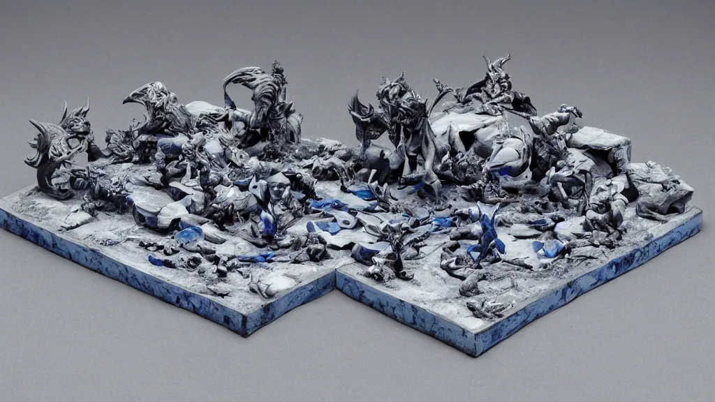 Prompt: monochrome blue dexterous fate diorama