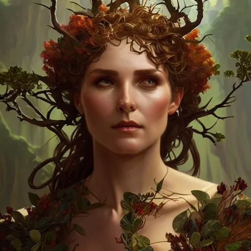 Prompt: Mischievous Dryad as Guardian, western, closeup, D&D, fantasy, intricate, elegant, highly detailed, digital painting, artstation, concept art, matte, sharp focus, illustration, art by Artgerm and Greg Rutkowski and Alphonse Mucha