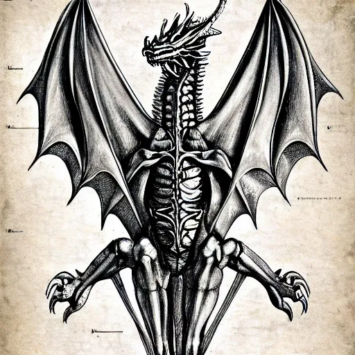 Image similar to anatomical drawing of dragon, davinci style, medical drawing, blueprint, schematic, old