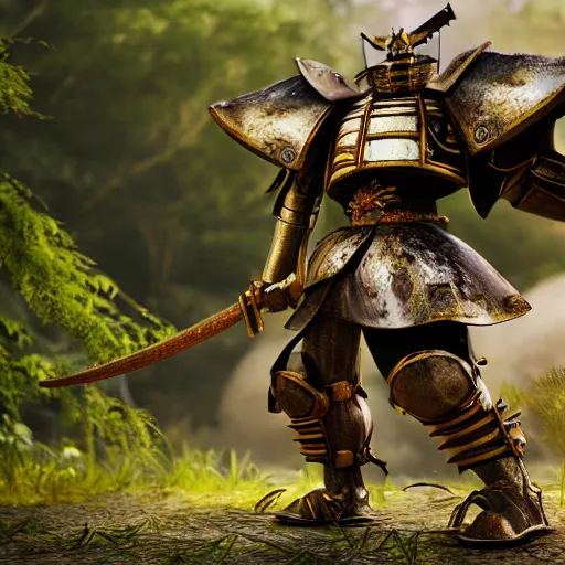 Image similar to a heavily armored samurai, in the jungle, realistic octane render, high detail