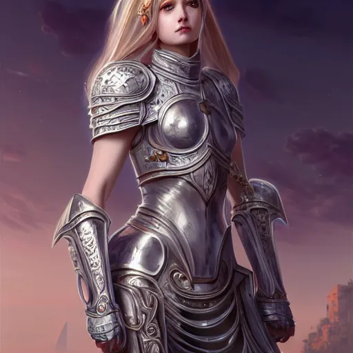 Image similar to portrait young knights of Zodiac girl, matt white color armor, in ruined Agora of Athens Sunrise, ssci-fi and fantasy, intricate and very beautiful and elegant, highly detailed, digital painting, artstation, concept art, smooth and sharp focus, illustration, art by tian zi and WLOP and alphonse mucha