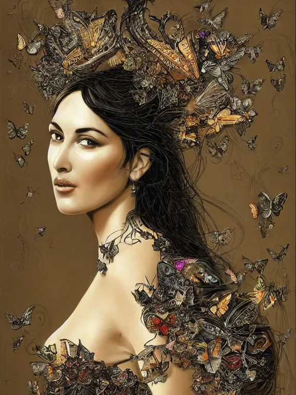 Prompt: a beautiful portrait render of young Monica Bellucci who has baroque dramatic headdress with intricate fractals of butterflies and tassels made of flower,by Daveed Benito , Billelis , aaron horkey , peter gric,trending on pinterest,rococo,hyperreal,jewelry,gold,ruby,feminine,intricate,maximalist