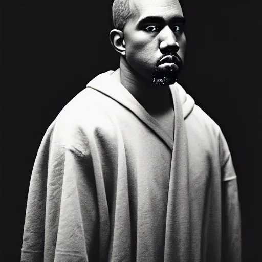 Image similar to a chiaroscuro lighting portrait of kanye west dressed as rick owens, black background, portrait by julia margaret cameron, shallow depth of field, 8 0 mm, f 1. 8