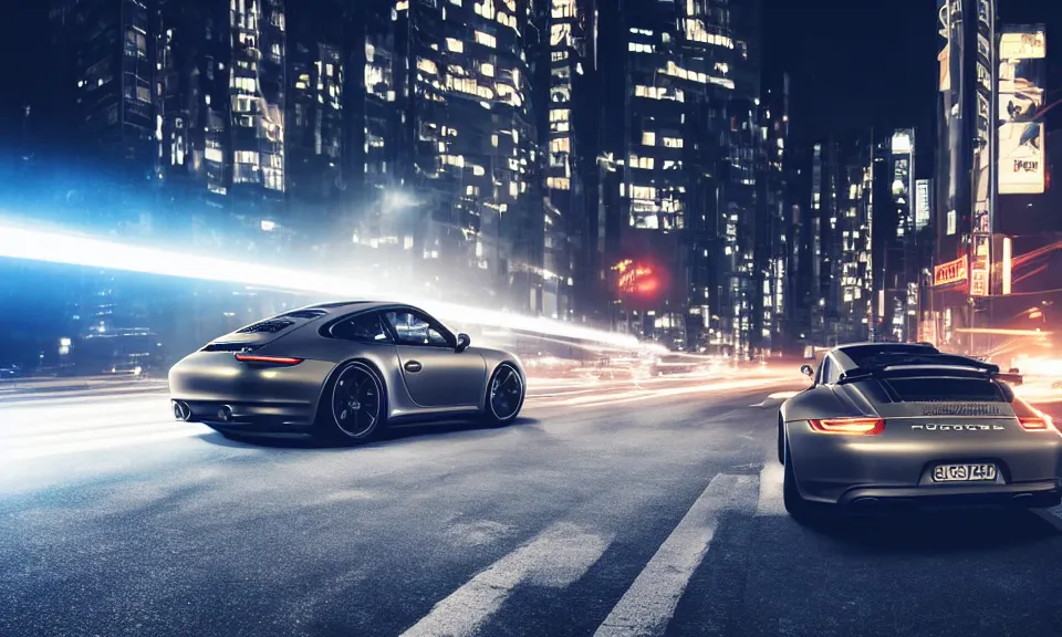 Image similar to photo of a porsche 911 at night drifting through a city, octane render, cinematic, 4k, long exposure photography, tokyo drift, fast and furious, film still, night photography, motion blur, lens flare, movie shot, light trail, distortion, wide angle