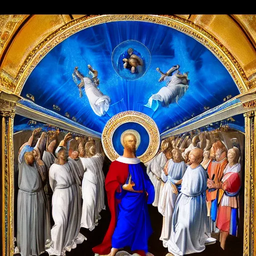 Prompt: waist - up shot, hank hill wearing a white toga, emerging from blue fire, surrounded by blue flames, renaissance religious painting, late gothic religious paintings, byzantine religious art, painting by duccio di buoninsegna and carlo crivelli, trending on artstation