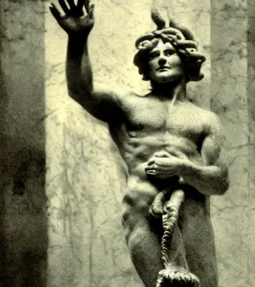 Image similar to a man frozen to statue by medusa, ww1 film photo, grainy, high detail, high resolution