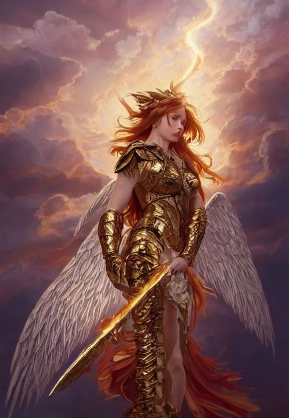 Prompt: A beautiful fierce angel with wings, wearing metal battle armor and a flaming sword, among heavenly sunlit clouds, intricate, elegant, detailed, digital painting, golden hour photography, medium shot, trending on artstation, concept art, smooth, sharp focus, illustration, art by artgerm and Greg Rutkowski and Alphonse Mucha