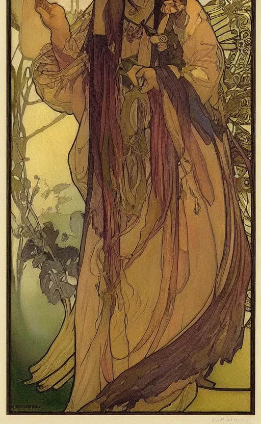 Prompt: the magician, tarot, beautiful border, by alfons maria mucha, highly detailded