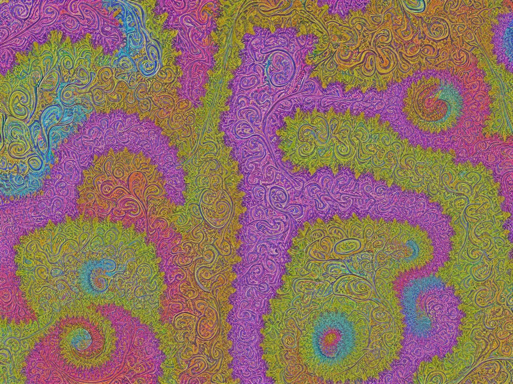 Image similar to 3d multicolor fractal swirling maze paisley lichen patterns