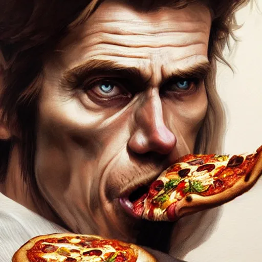 Prompt: ultra realistic illustration of willem dafoe eating pizza, intricate, highly detailed, digital painting, artstation, concept art, sharp focus, illustration, art by artgerm and greg rutkowski and alphonse mucha