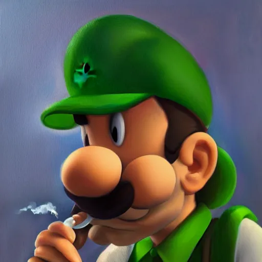 Prompt: super luigi smoking a blunt, realistic, oil painting