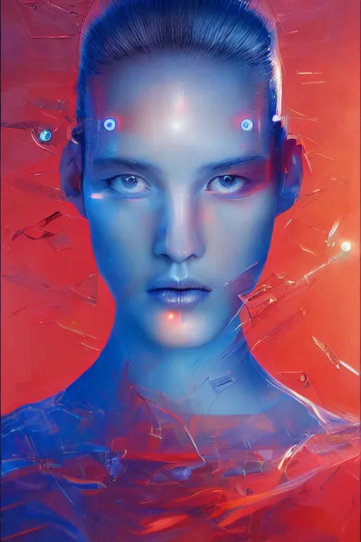 Image similar to 3 d, sci - fi, sun rays, sleepy fashion model face, cinematic, blue faces, vogue cover style, poster art, light red and deep blue mood, realistic painting, intricate oil painting, high detail, figurative art, multiple exposure, poster art, 3 d, by tooth wu and wlop and beeple and greg rutkowski