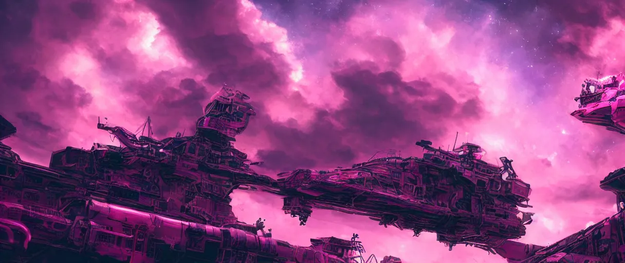 Image similar to heaven pink, portrait punk, pink mohawk, space, hyperdetailed illustration, stars, neon, oil painting, rich deep colors masterpiece, ultra detailed, contrast, clouds, volumetric light, atmospheric lighting, pirate neon ship, dramatic, cinematic, moody, octane render 4 k, 8 k