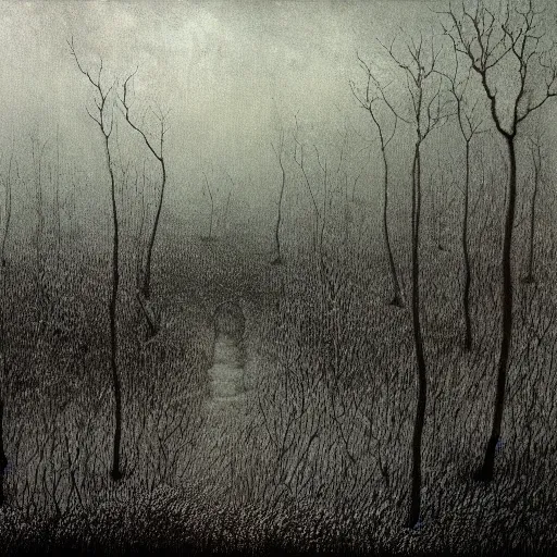 Prompt: beksinski woods moody background