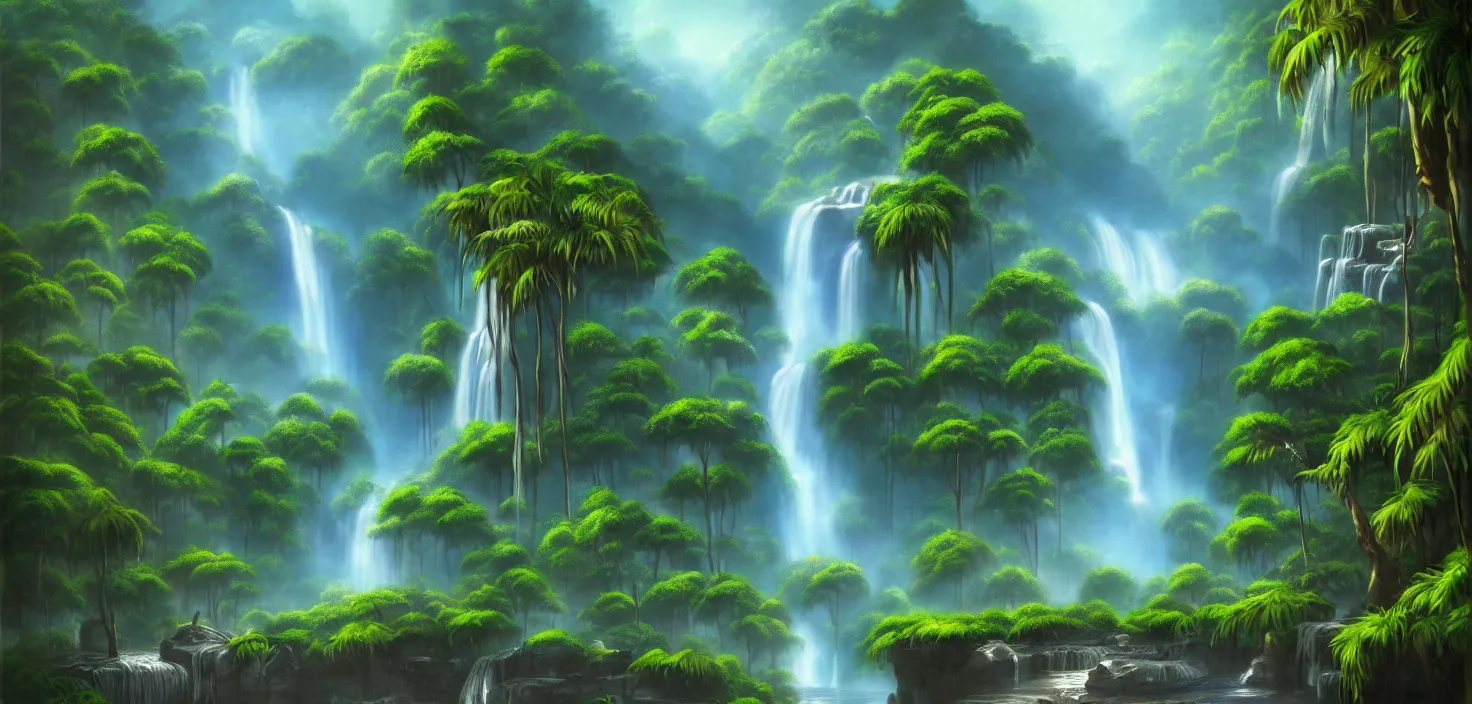 Prompt: waterfall in the jungle, a detailed matte painting by bob ross, deviantart, fantasy art, matte painting, detailed painting, 2 d game art