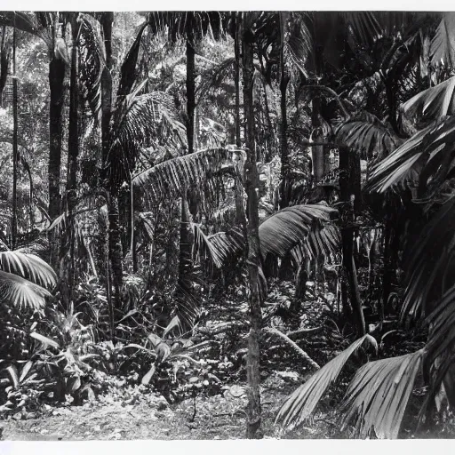 Image similar to a rizom lost film footage of a ( ( ( ( ( sphere ) ) ) ) ) in the middle of the tropical jungle / tribalism / film still / cinematic / enhanced / 1 9 2 0 s / black and white / grain