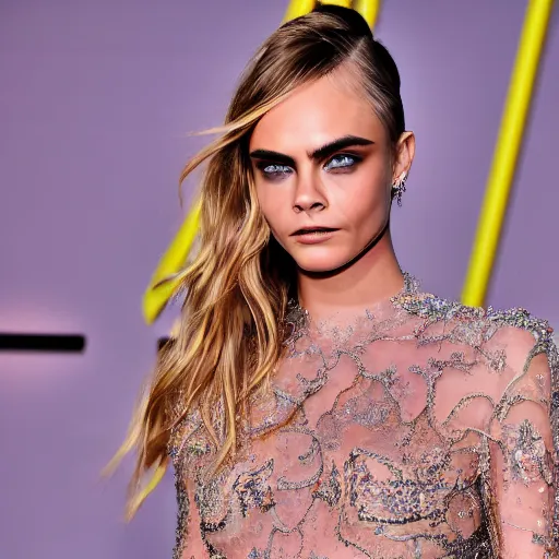 Image similar to Super model Cara delevingne wearing a gown made of flowing plasma ultra high quality extremely intricacies in the level of detail photorealism 8k very beautifully designed