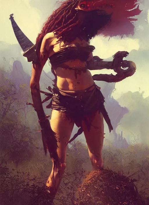 Image similar to hyper realistic painting of prehistoric punk warrior girl, full body, rule of thirds, conceptart, saturated colors, cinematic, greg rutkowski, brom, james gurney, mignola, craig mullins, alan lee