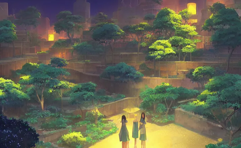 Prompt: beautiful landscape artwork of the gardens of babylon at night, ambient lights, masterpiece by Makoto Shinkai