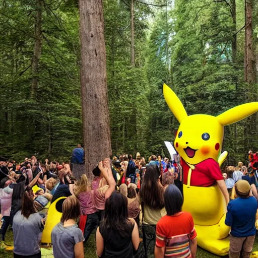 Image similar to photograph of a group of people worshipping a giant pikachu in a forest