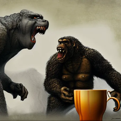 Image similar to a portrait of godzilla and king kong sitting down 1 8 a cup of tea digital concept art