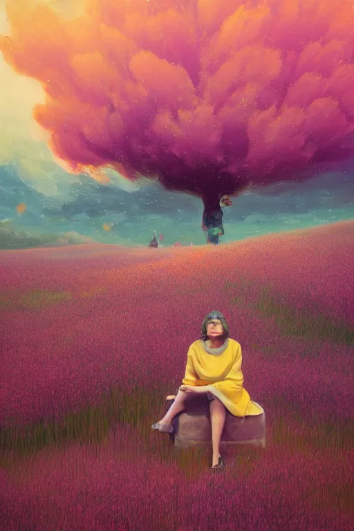 Prompt: closeup, huge flowers as head, woman sitting in heather field, surreal photography, starlight, storm clouds, impressionist painting, digital painting, artstation, simon stalenhag