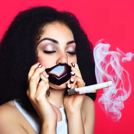 Image similar to pretty girl smoking a dab of concentrates and blowing a heart-shaped smoke ring