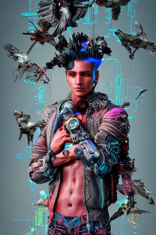 Image similar to full-body cyberpunk style sculpture of a young handsome Colombian prince half android with a chest opening exposing circuitry and electric sparks, glowing pink eyes, crown of blue flowers, flowing salmon-colored silk, fabric, raptors. baroque elements. full-length view. baroque element. intricate artwork by caravaggio. many many birds birds on background. Trending on artstation, octane render, cinematic lighting from the right, hyper realism, octane render, 8k, depth of field, 3D