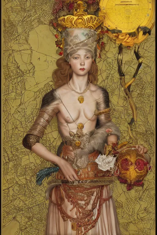 Image similar to hyperdetailed matte illustration of a knight wearing an ornate gold headpiece and holding a flower with a map of the collective subconscious in the background by john currin