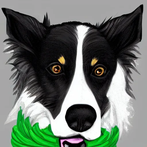 Prompt: digitally drawn art of a black and white border collie wearing a green bandana on its neck, digital art, DeviantArt