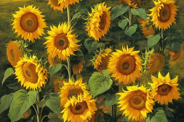 Image similar to lots of sunflowers in a garden, golden hour, artstation, by J. C. Leyendecker and Peter Paul Rubens