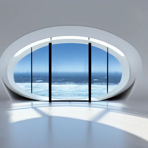 Prompt: white zen clean modern minimalist white room with large circular window with ocean view, frozen and covered in ice, by peter tarka in an ivory room well contoured smooth fair walls, up close shot, sharp focus, zen, clean, modern minimalist, zaha hadid octane highly render, 4 k, ultra hd,