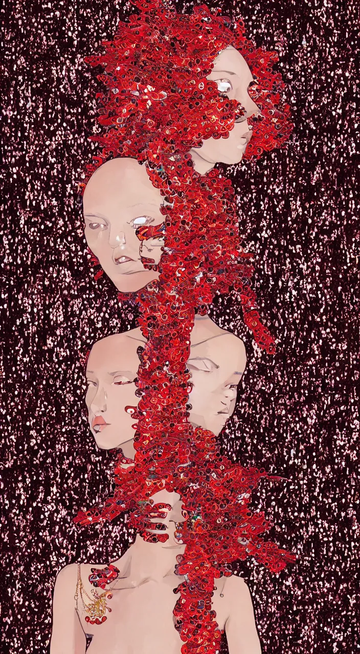 Image similar to a fashion character design wearing a red sequined bodysuit, acid hallucinations floating around their head, by moebius, alexander mcqueen headdress with beads, by kawase hasu