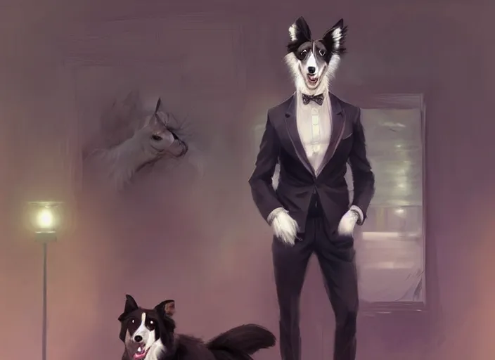 Image similar to wide angle beautiful full body portrait of a strong male anthropomorphic anthro border collie fursona in a suit sitting in a parlor room, character design by charlie bowater, henry asencio, and ross tran, disney, detailed, aesthetic, trending on artstation, furaffinity, deviantart