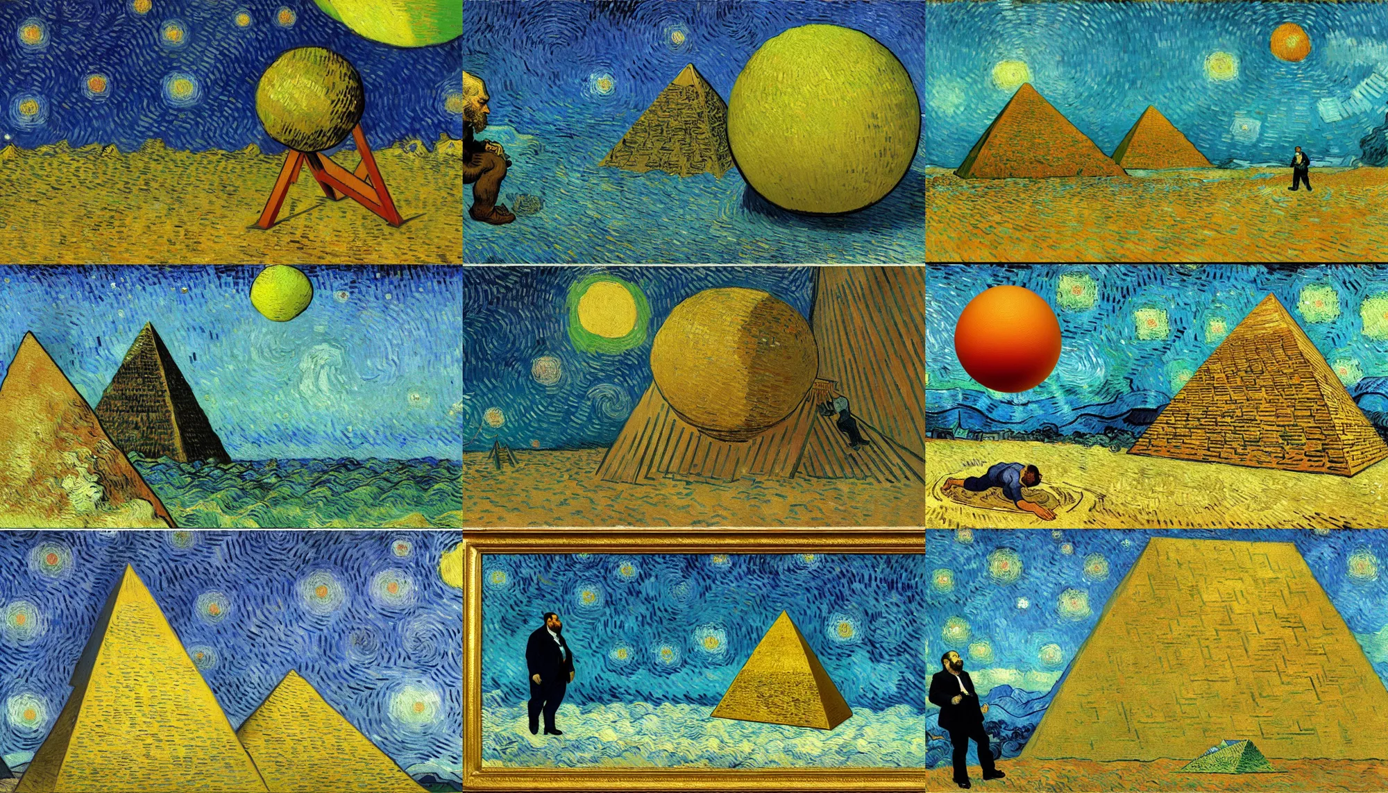 Prompt: an oil painting of a large man staring at a sphere slowly rolling off the side of a pyramid, underwater, sideview, by van gogh, using the degrade technique