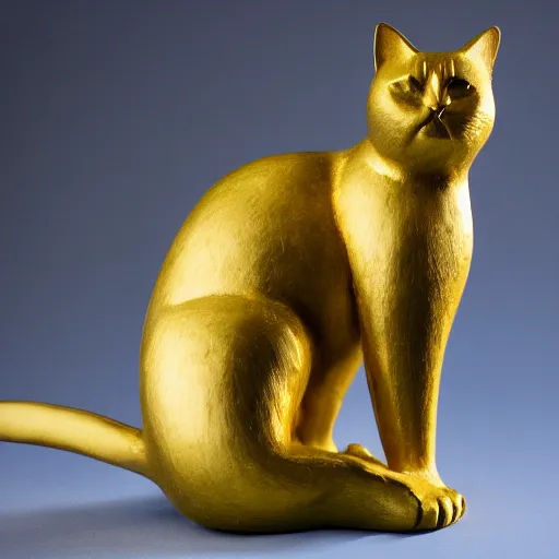 Prompt: A sculpture of a cat made of gold, XF IQ4, f/1.4, ISO 200, 1/160s, 8K,