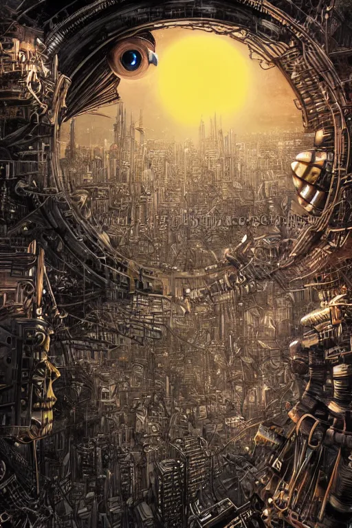 Prompt: biomechanical robot eye overlooking a desolate metropolis, fantasy, volumetric lighting, professional illustration by junji ito