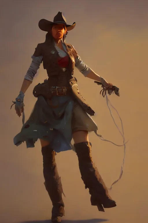 Image similar to full body, female cowboy, extremely detailed digital painting, in the style of fenghua zhong and ruan jia and jeremy lipking and peter mohrbacher, mystical colors, rim light, beautiful lighting, 8 k, stunning scene, raytracing, octane, trending on artstation