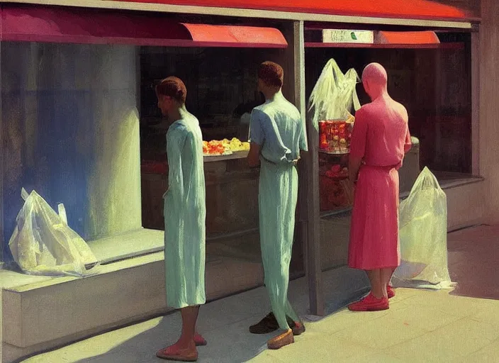 Image similar to man in a translucent dress made from plastic bag with paper bags for clothes standing inside paper bags with paper bag over the head at store in line for an ice cream cart display Edward Hopper and James Gilleard, Zdzislaw Beksinski, highly detailed